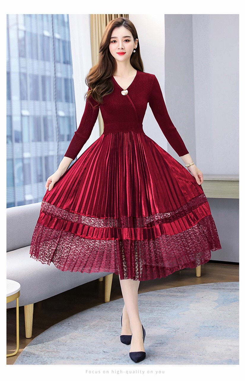 Đầm Dập Ly Chân Nhung Phối Ren - HN919